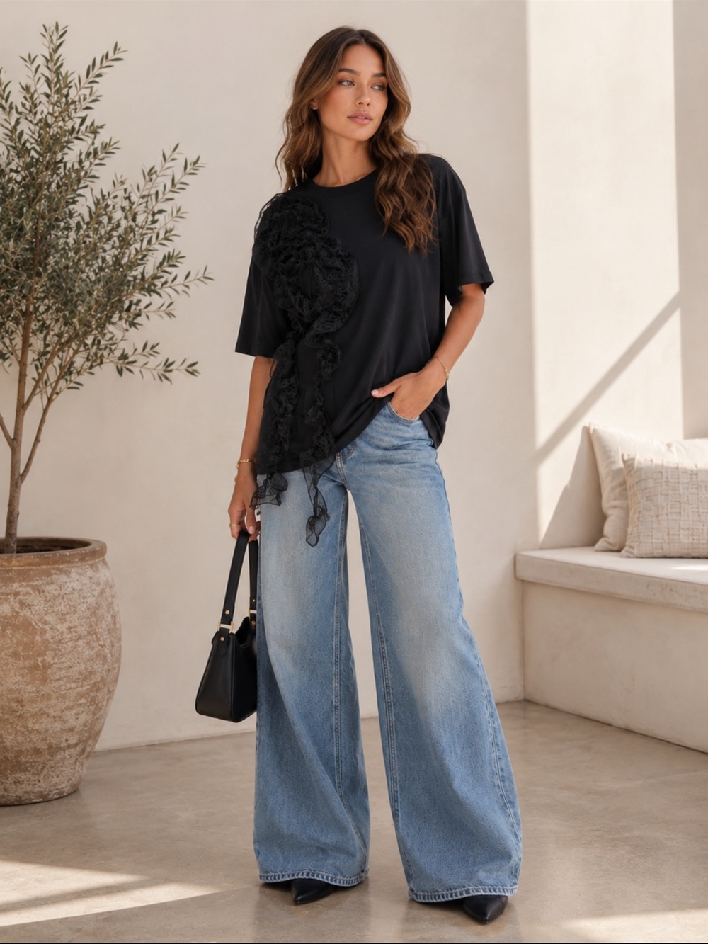 ShopEvelynne Black Floral Ruffle Tee